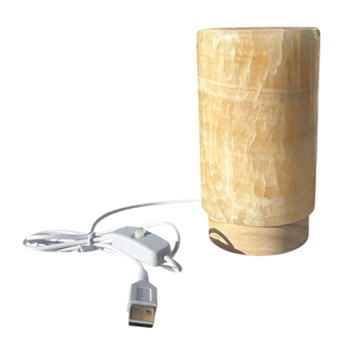 Yellow Calcite Lamp – 5.75” Tall | USB Powered | Wooden Base